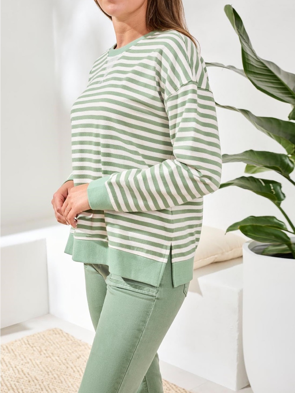 Tribal Green & White Striped Crewneck Sweater - Picture 2 of 7